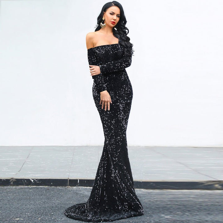 Sexy Strapless Long Sleeve Sequins Party Evening Dress - Dresses Nova