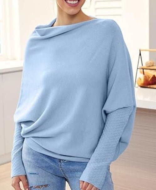 Solid Off - shoulder Batwing Sleeve Sweater Fashion Round Neck Temperament Pullover Top Womens Clothing - Dresses Nova