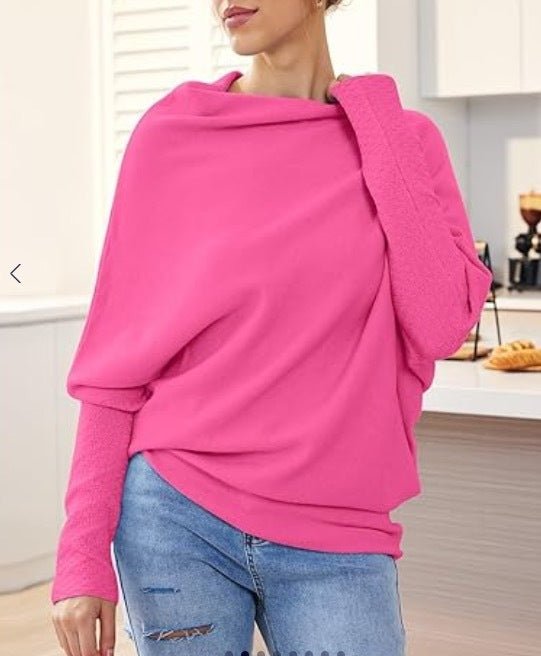 Solid Off - shoulder Batwing Sleeve Sweater Fashion Round Neck Temperament Pullover Top Womens Clothing - Dresses Nova