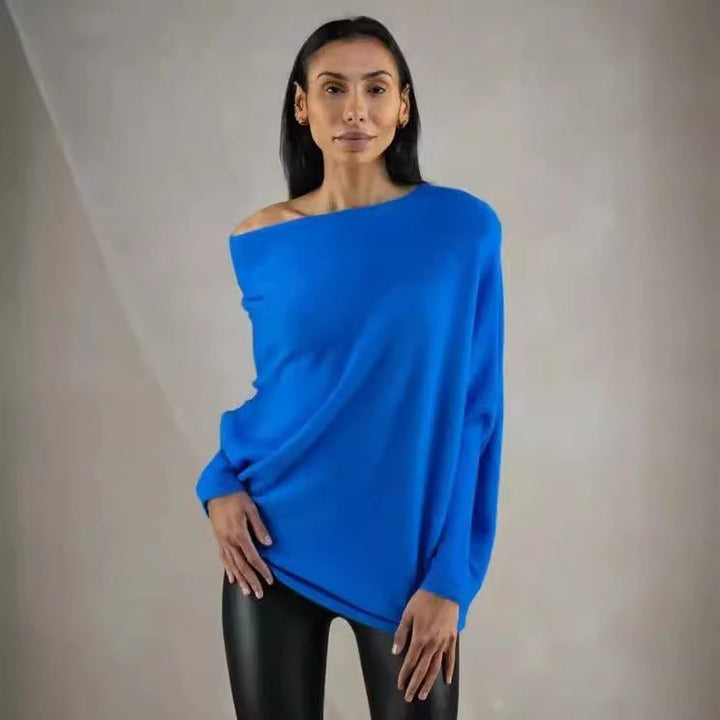 Solid Off - shoulder Batwing Sleeve Sweater Fashion Round Neck Temperament Pullover Top Womens Clothing - Dresses Nova