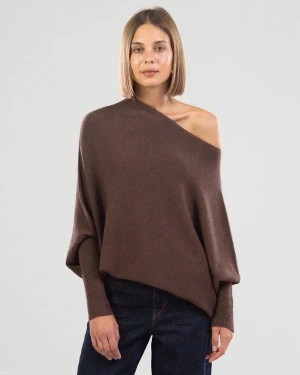 Solid Off - shoulder Batwing Sleeve Sweater Fashion Round Neck Temperament Pullover Top Womens Clothing - Dresses Nova