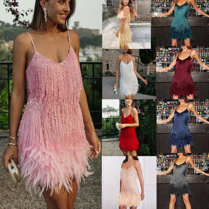 Strap Feather Stitching Dress - Dresses Nova