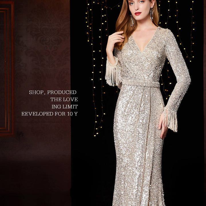 Temperament Banquet Ladies Sequined Annual Meeting Host Long Evening Dress - Dresses Nova