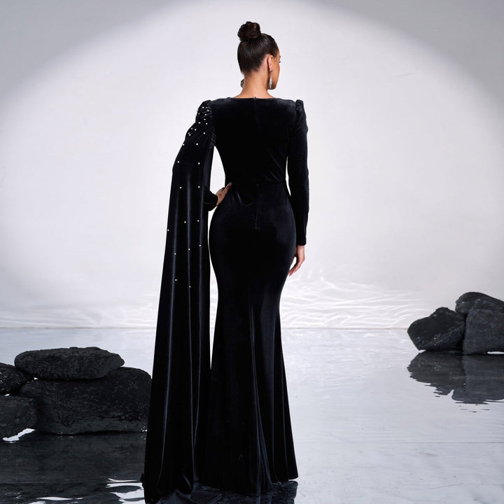 Velvet Round Neck Long Sleeve Rhinestone Evening Dress - Dresses Nova