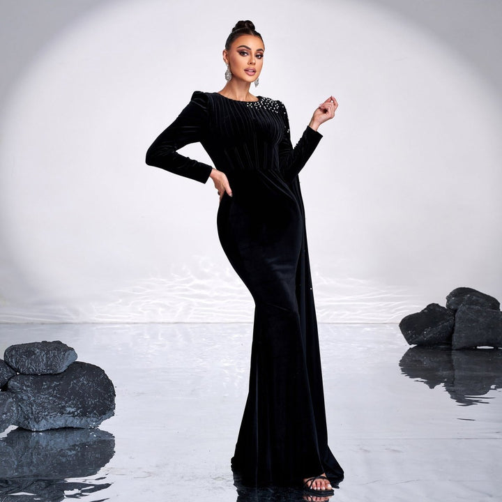 Velvet Round Neck Long Sleeve Rhinestone Evening Dress - Dresses Nova