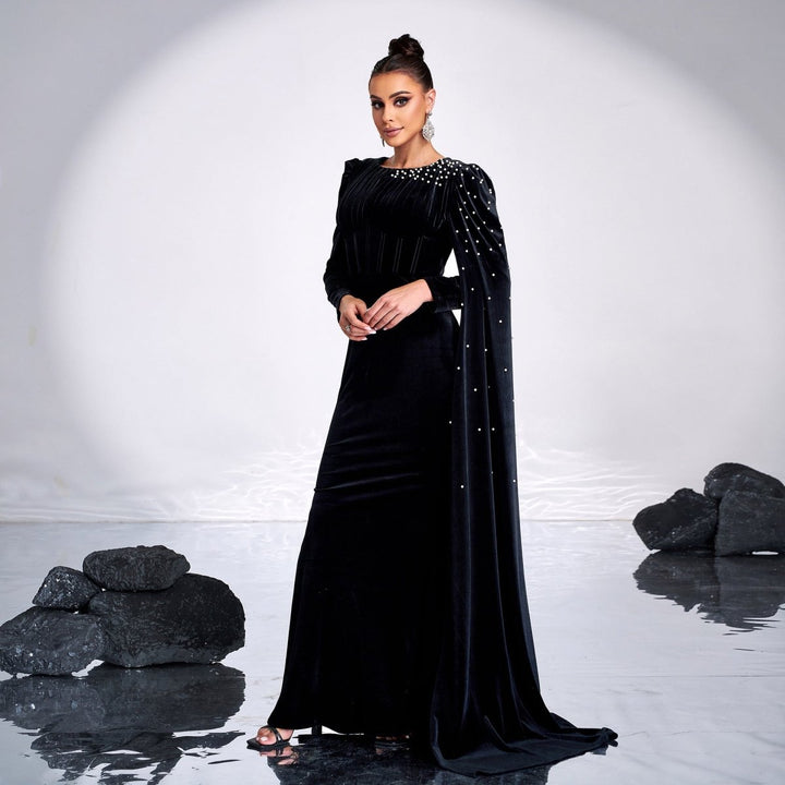 Velvet Round Neck Long Sleeve Rhinestone Evening Dress - Dresses Nova