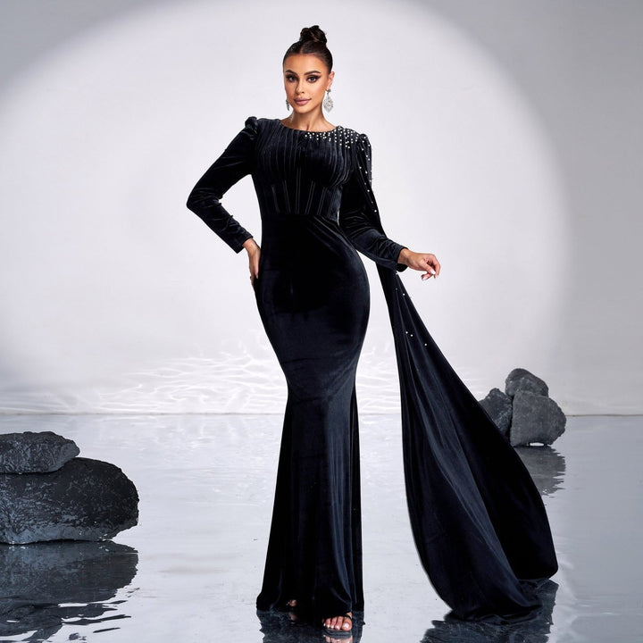 Velvet Round Neck Long Sleeve Rhinestone Evening Dress - Dresses Nova