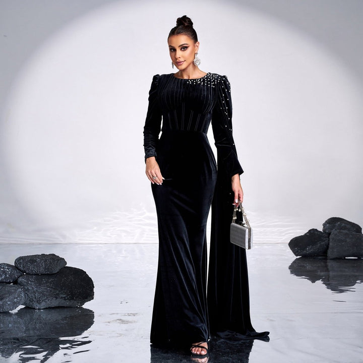 Velvet Round Neck Long Sleeve Rhinestone Evening Dress - Dresses Nova