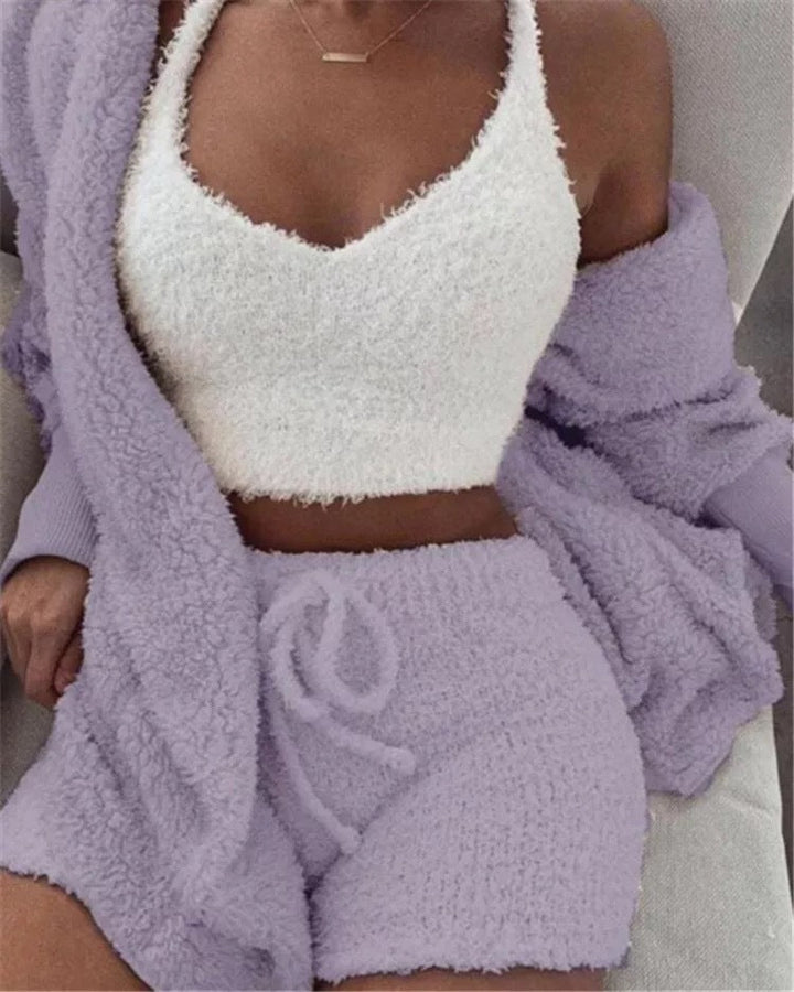 Winter Sexy Women Home Wear Suit Casual Pajamas Set Lady Female Soft Warm Long Sleeve Exposed Navel Vest Shorts Set - Dresses Nova