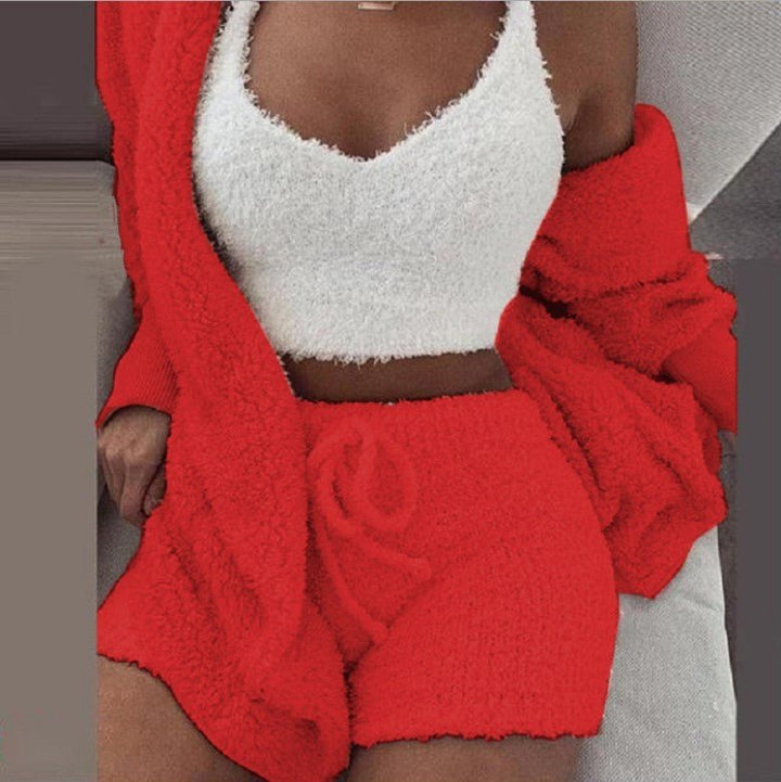 Winter Sexy Women Home Wear Suit Casual Pajamas Set Lady Female Soft Warm Long Sleeve Exposed Navel Vest Shorts Set - Dresses Nova