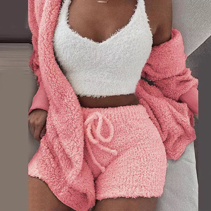 Winter Sexy Women Home Wear Suit Casual Pajamas Set Lady Female Soft Warm Long Sleeve Exposed Navel Vest Shorts Set - Dresses Nova