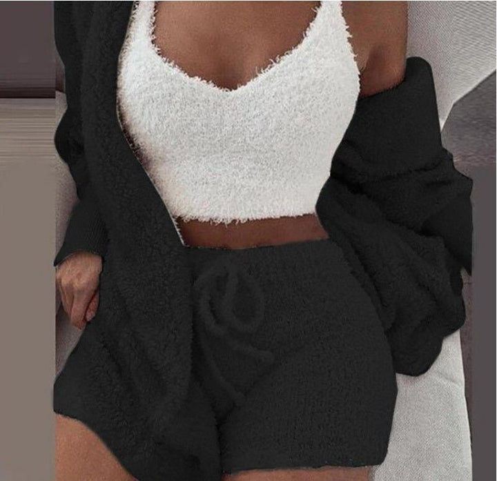 Winter Sexy Women Home Wear Suit Casual Pajamas Set Lady Female Soft Warm Long Sleeve Exposed Navel Vest Shorts Set - Dresses Nova