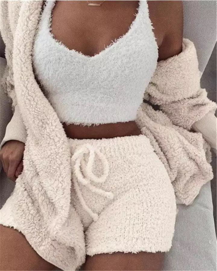 Winter Sexy Women Home Wear Suit Casual Pajamas Set Lady Female Soft Warm Long Sleeve Exposed Navel Vest Shorts Set - Dresses Nova