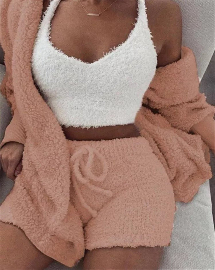 Winter Sexy Women Home Wear Suit Casual Pajamas Set Lady Female Soft Warm Long Sleeve Exposed Navel Vest Shorts Set - Dresses Nova