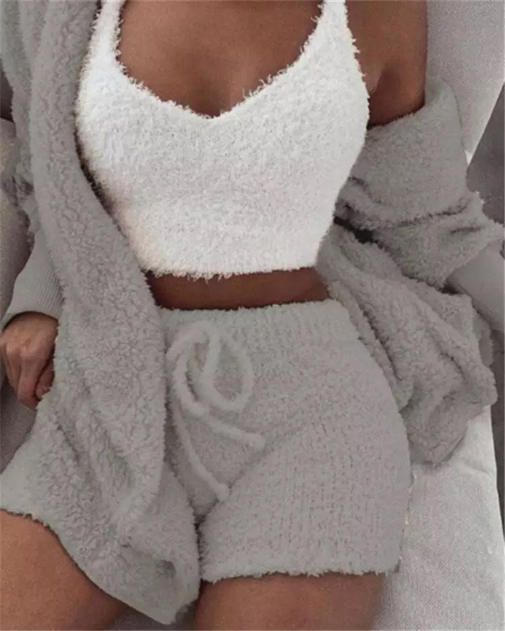 Winter Sexy Women Home Wear Suit Casual Pajamas Set Lady Female Soft Warm Long Sleeve Exposed Navel Vest Shorts Set - Dresses Nova