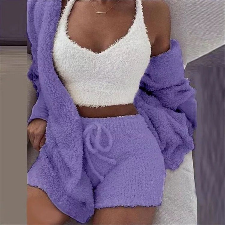 Winter Sexy Women Home Wear Suit Casual Pajamas Set Lady Female Soft Warm Long Sleeve Exposed Navel Vest Shorts Set - Dresses Nova