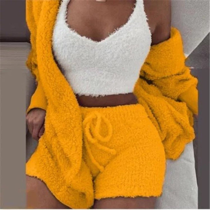 Winter Sexy Women Home Wear Suit Casual Pajamas Set Lady Female Soft Warm Long Sleeve Exposed Navel Vest Shorts Set - Dresses Nova