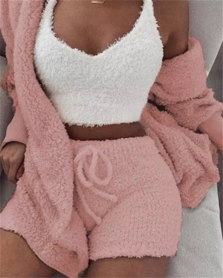 Winter Sexy Women Home Wear Suit Casual Pajamas Set Lady Female Soft Warm Long Sleeve Exposed Navel Vest Shorts Set - Dresses Nova