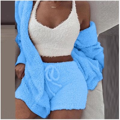 Winter Sexy Women Home Wear Suit Casual Pajamas Set Lady Female Soft Warm Long Sleeve Exposed Navel Vest Shorts Set - Dresses Nova