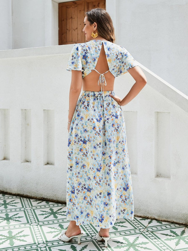 Women's Floral Print Maxi Dress - Elegant Vacation Dress With Ruffle Sleeves - Dresses Nova