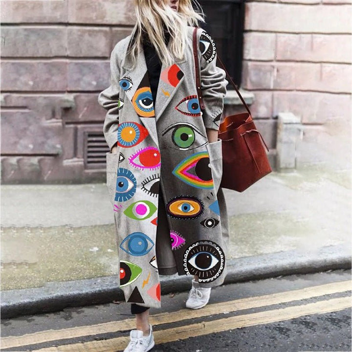 Women's Personalized Printed Round Neck Woolen Coat - Dresses Nova