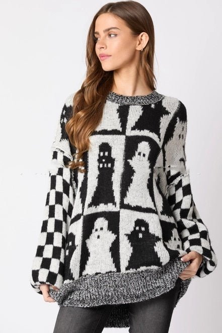 Women's Pullovers Halloween Ghost Plaid Crew Neck Sweater - Dresses Nova