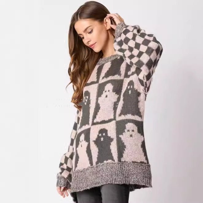 Women's Pullovers Halloween Ghost Plaid Crew Neck Sweater - Dresses Nova