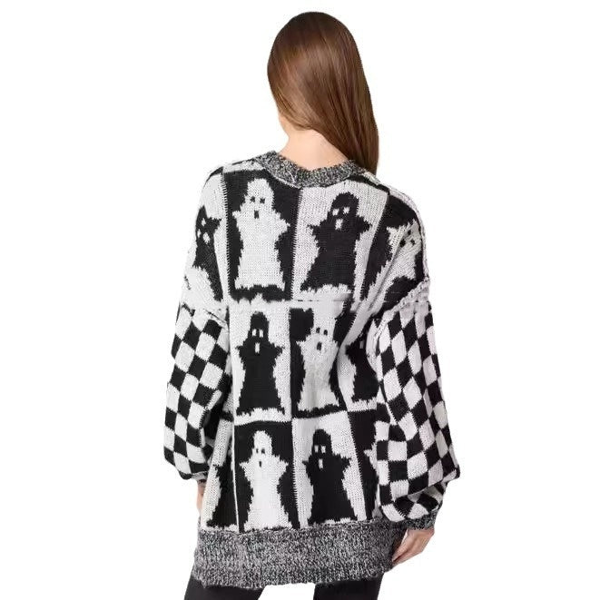 Women's Pullovers Halloween Ghost Plaid Crew Neck Sweater - Dresses Nova