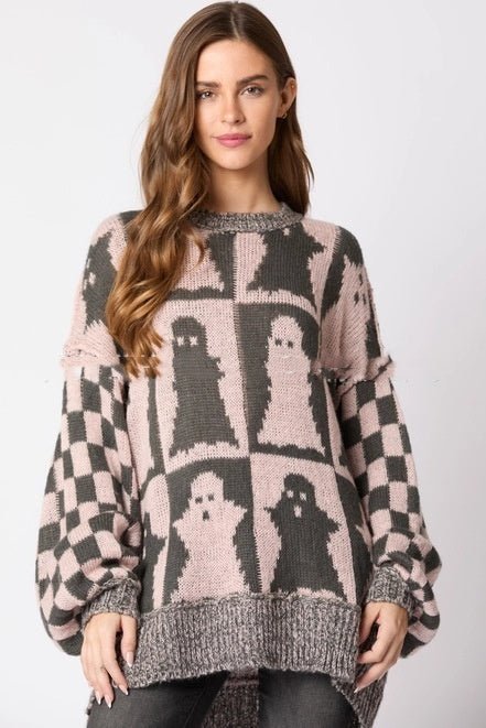 Women's Pullovers Halloween Ghost Plaid Crew Neck Sweater - Dresses Nova