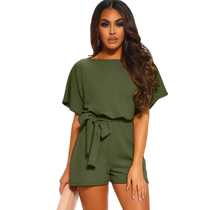 Women's Round Neck Short - sleeved Lace - up Jumpsuit - Dresses Nova