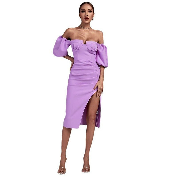 Women's Solid Color Lantern Sleeve Bandage Dress - Dresses Nova