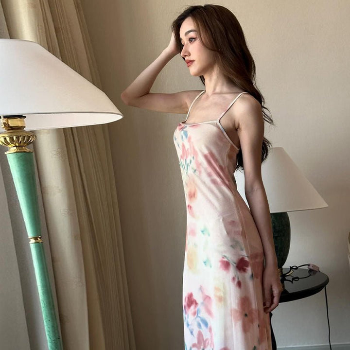 Women's Summer French Backless Sleeveless Printing Slip Dress - Dresses Nova