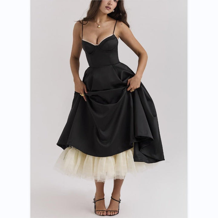 Women's V - neck Brace Sleeveless Dress Puffy Long Dress - Dresses Nova