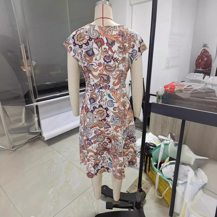 Women's V - neck Short Sleeve Printed Dress - Dresses Nova