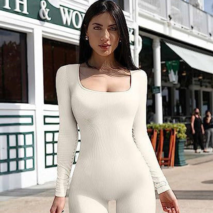 Women's Yoga Sports Fitness Jumpsuit Workout Long Sleeve Square Collar Clothing - Dresses Nova