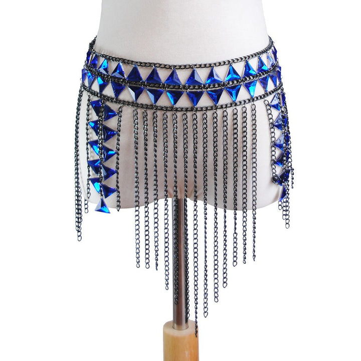 Blue Crystal Double Shoulder Body + Multilayered Fringe Waist Chain-Dresses Nova