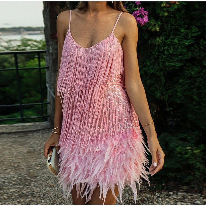 Feather Fringe Sequin Spaghetti Strap Dress-Dresses Nova
