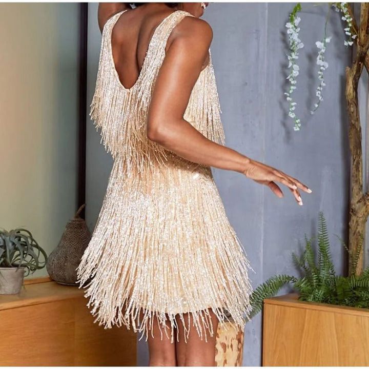 Feather Fringe Sequin Spaghetti Strap Dress-Dresses Nova