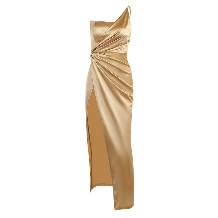 One-shoulder Fishbone Slit High-waisted Long Dress-Dresses Nova