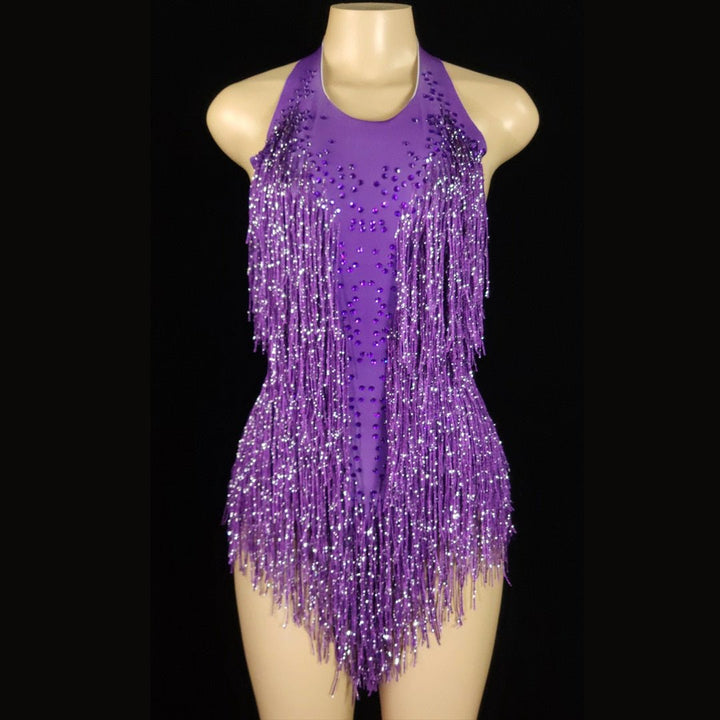 Sparkly Crystals Fringe Bodysuit-Dresses Nova