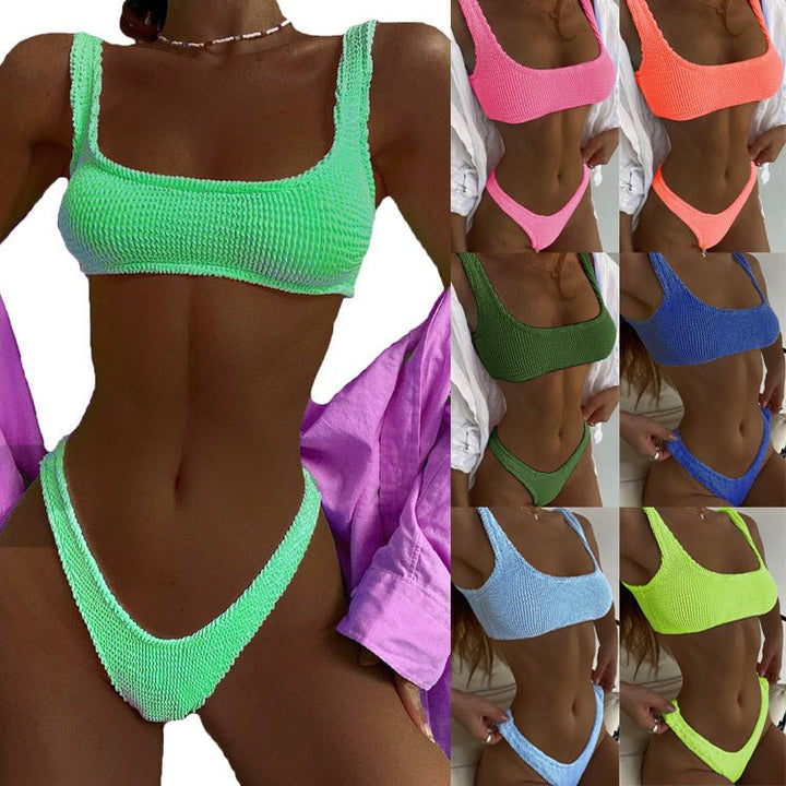 Special Fabric Crinkle Bikini Ladies Macaron Color Split Swimsuit-Dresses Nova