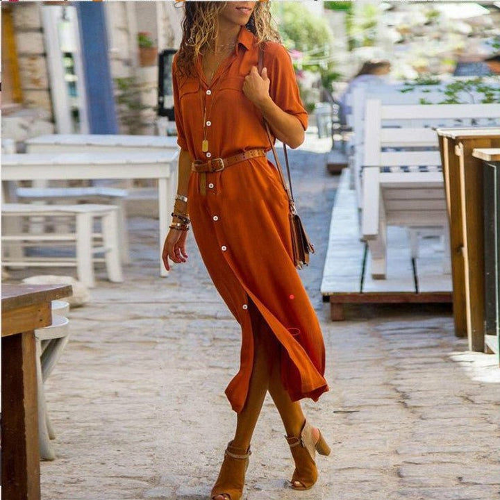 V-neck Long Dress With Belt Design-Dresses Nova
