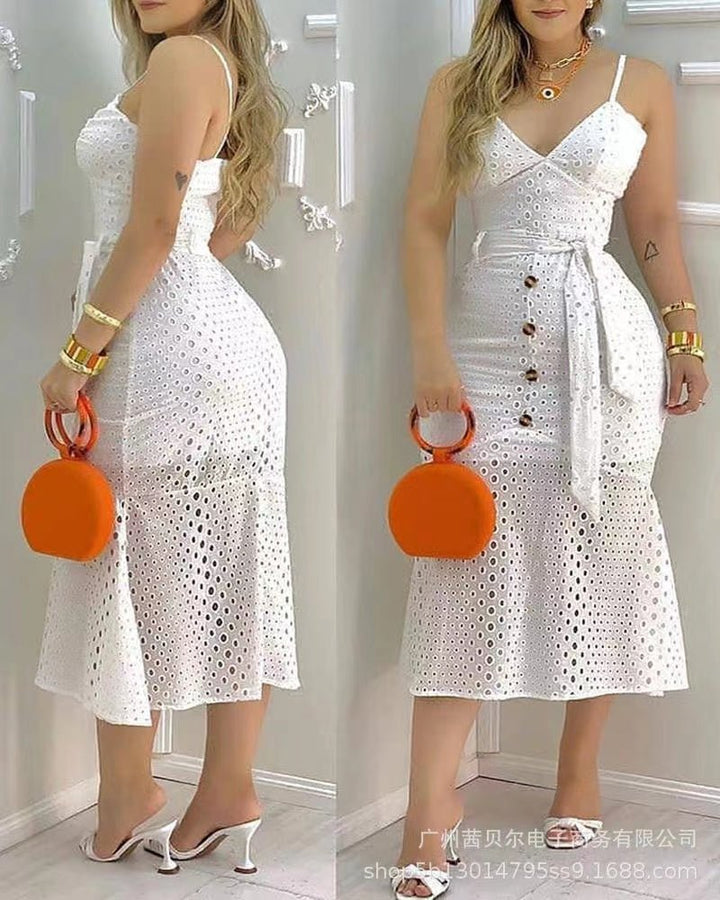 White Cutout Slip Dress Belted Lined-Dresses Nova