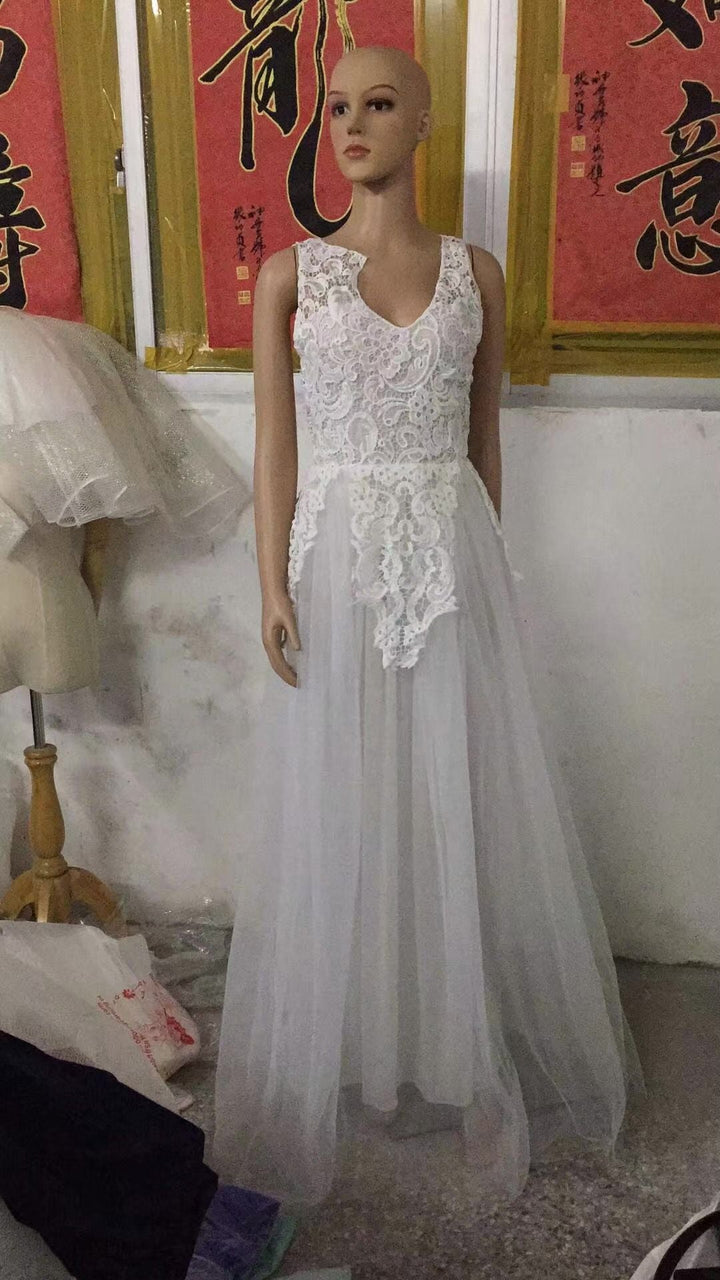 Women Wedding Dress Sleevless Flowers Lace Dress-Dresses Nova