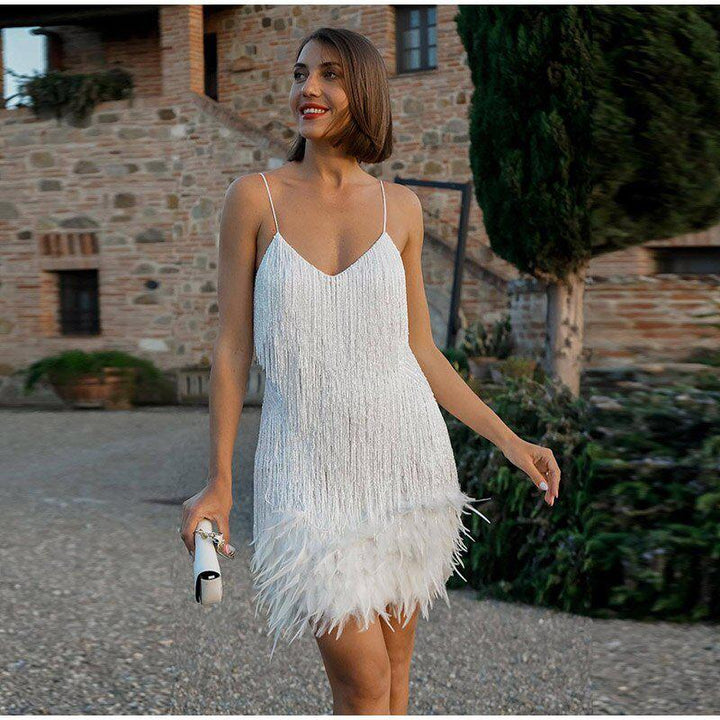 Women's Feather Fringe Sequin Spaghetti Strap Dress-Dresses Nova