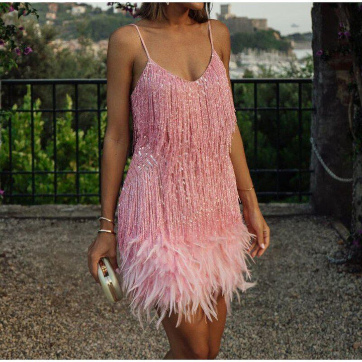 Women's Feather Fringe Sequin Spaghetti Strap Dress-Dresses Nova