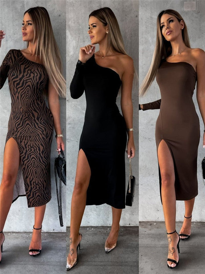 Women's Long-sleeved Off-shoulder Slim Fit Slit Dress-Dresses Nova