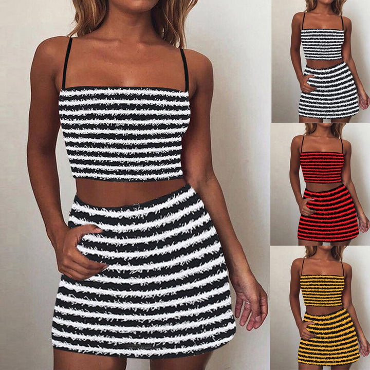 Women's Texture Striped Spaghetti Straps Suit Dress-Dresses Nova